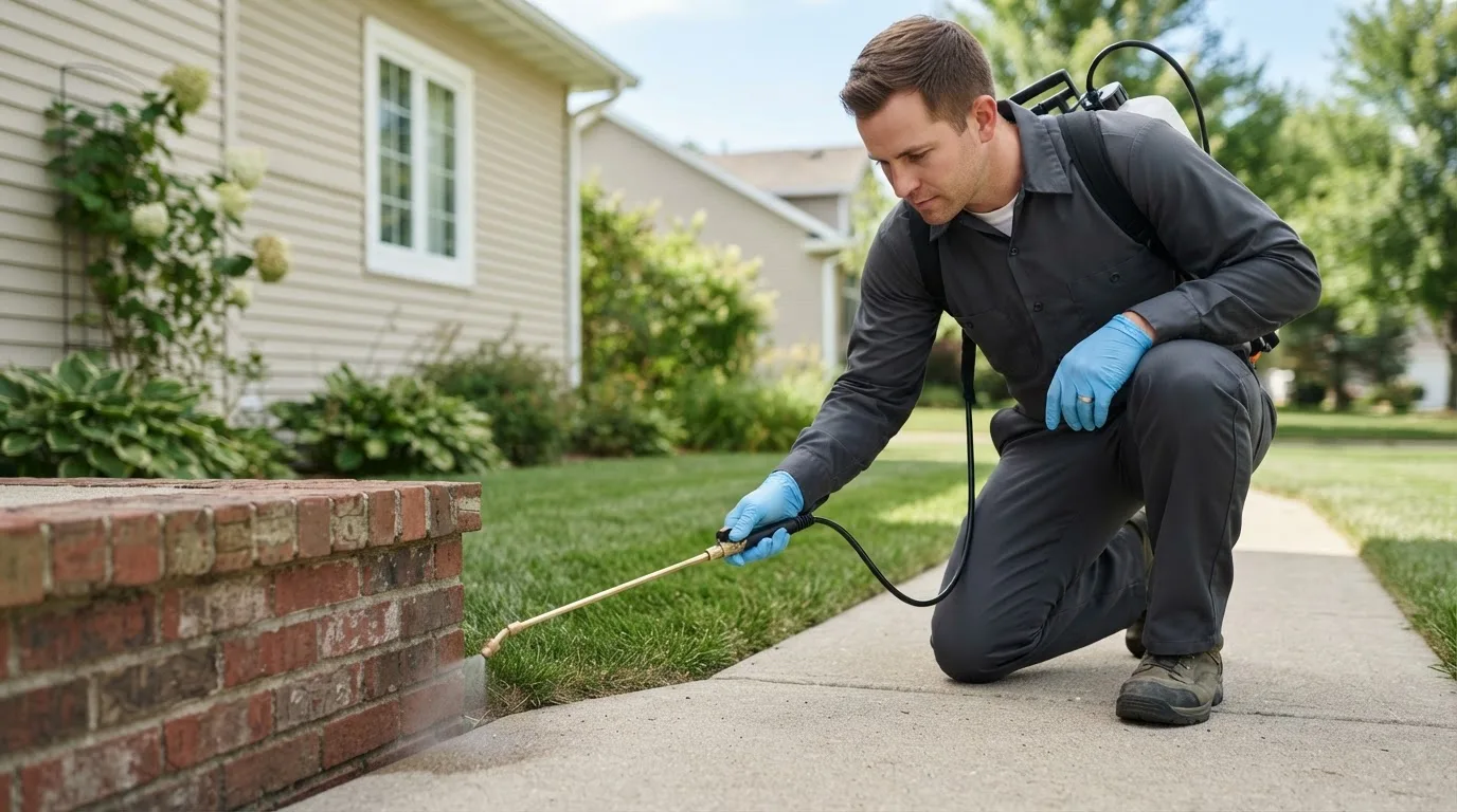 Pest control technician treating a home near Hoffman, MN