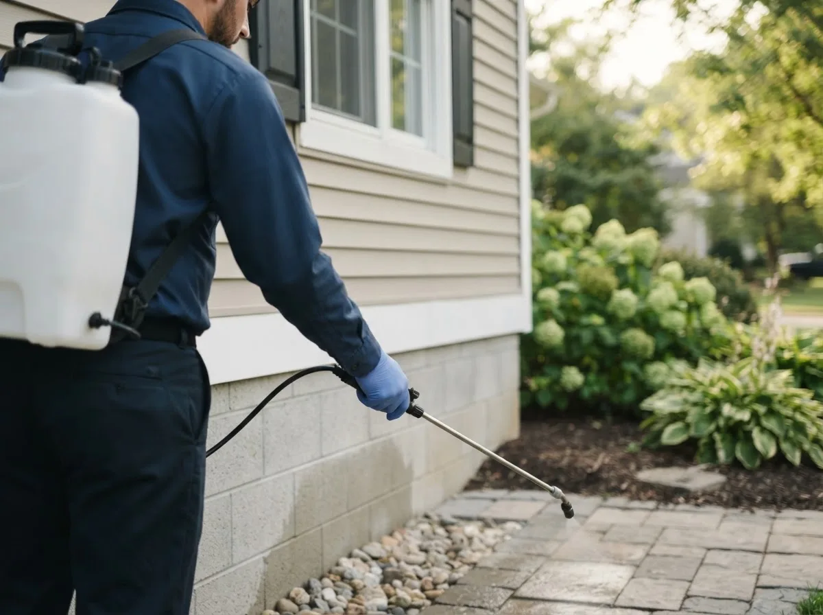Pest control technician inspecting a home in Hoffman, MN